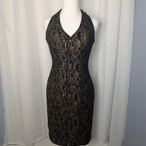 Cache Black & Gold Halter Dress, Size 6, Lace design - Picture 1 of 6